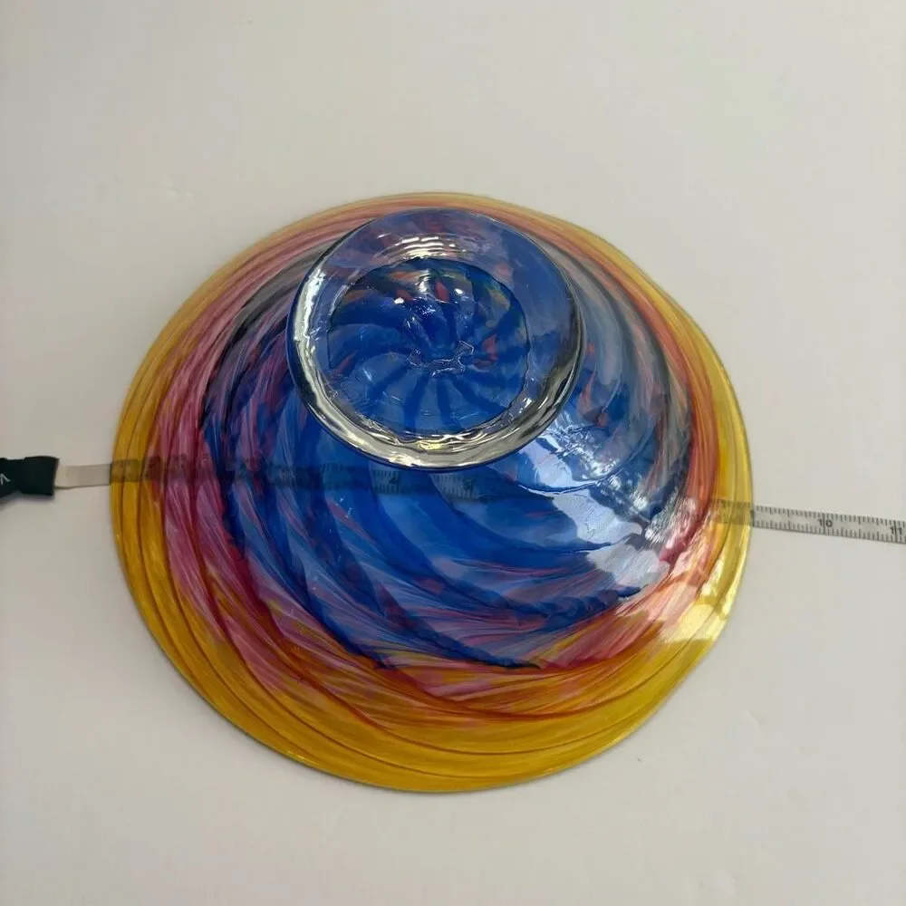 Hand Blown Glass Footed Wide Rim 9” Multicolor Swirl Glass Bowl